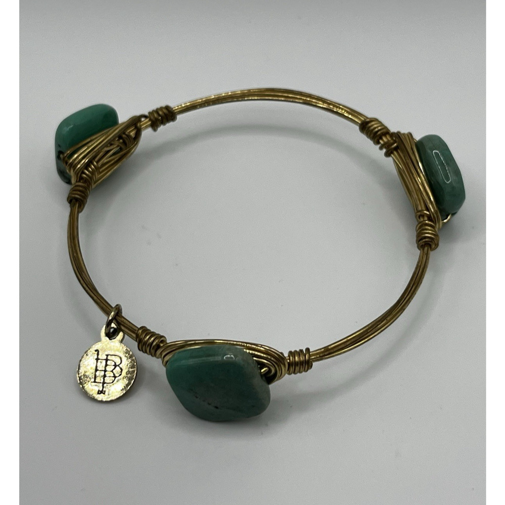 Bourbon & Boweties Gold Plated Wire Wrapped Green Stone Bangle Bracelet